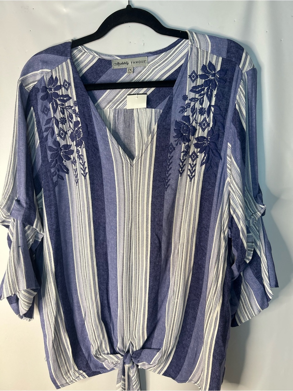 Absolutely Famous Blue & White Striped V-Neck Tie-Front Tunic